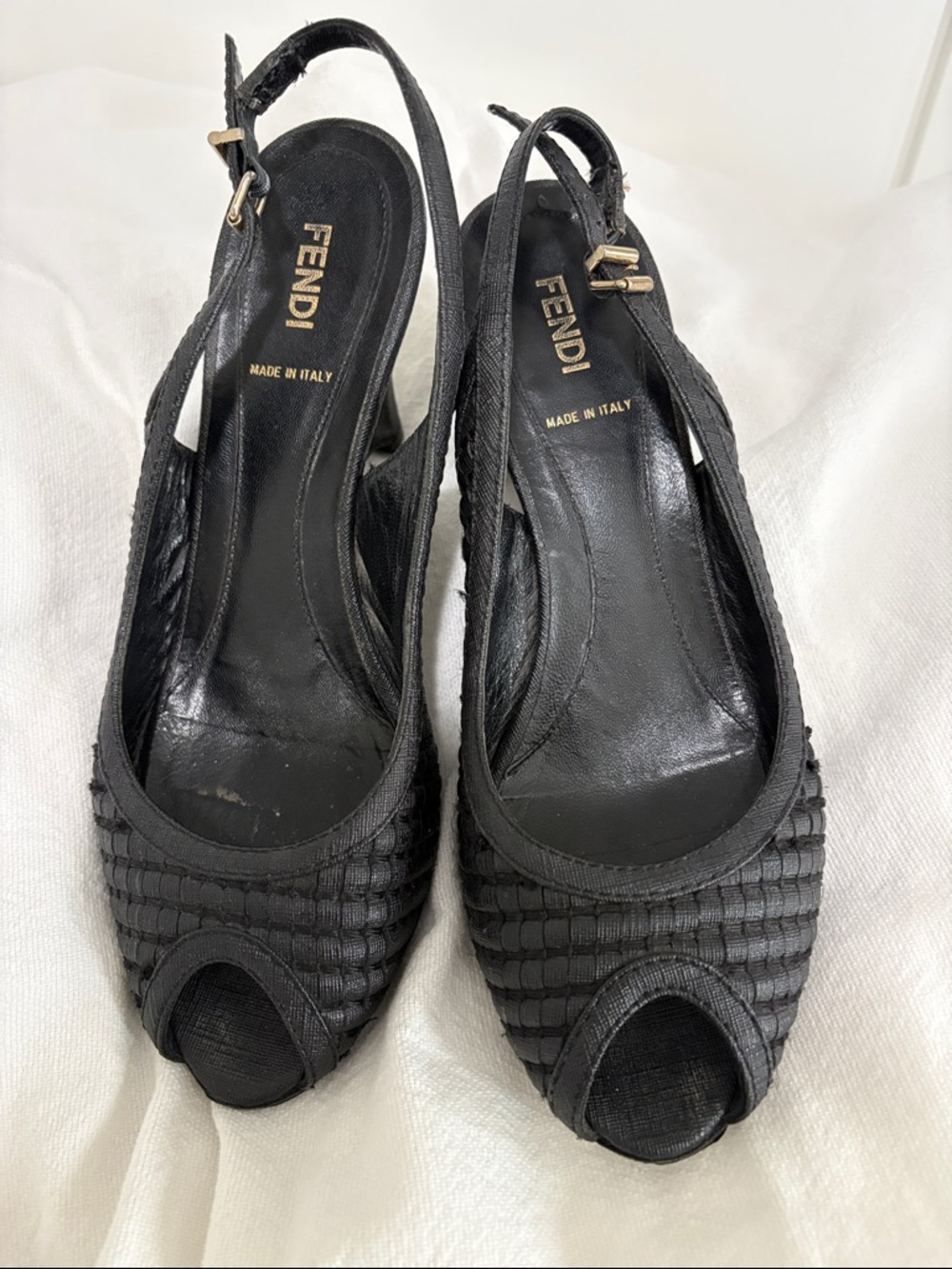 Fendi Black Peep-Toe Slingback Heels with Textured Upper